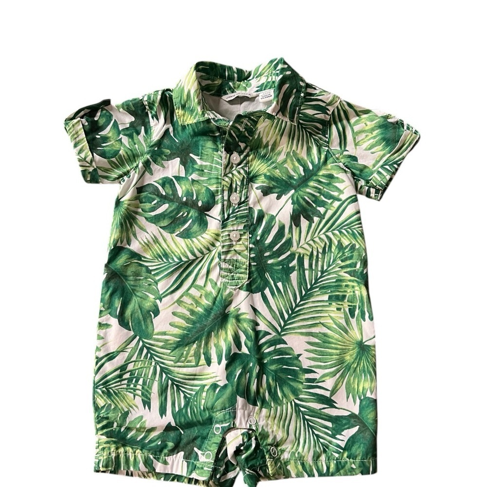 Janie and Jack Green Leaf Print Romper Boys Size 3-6 Months